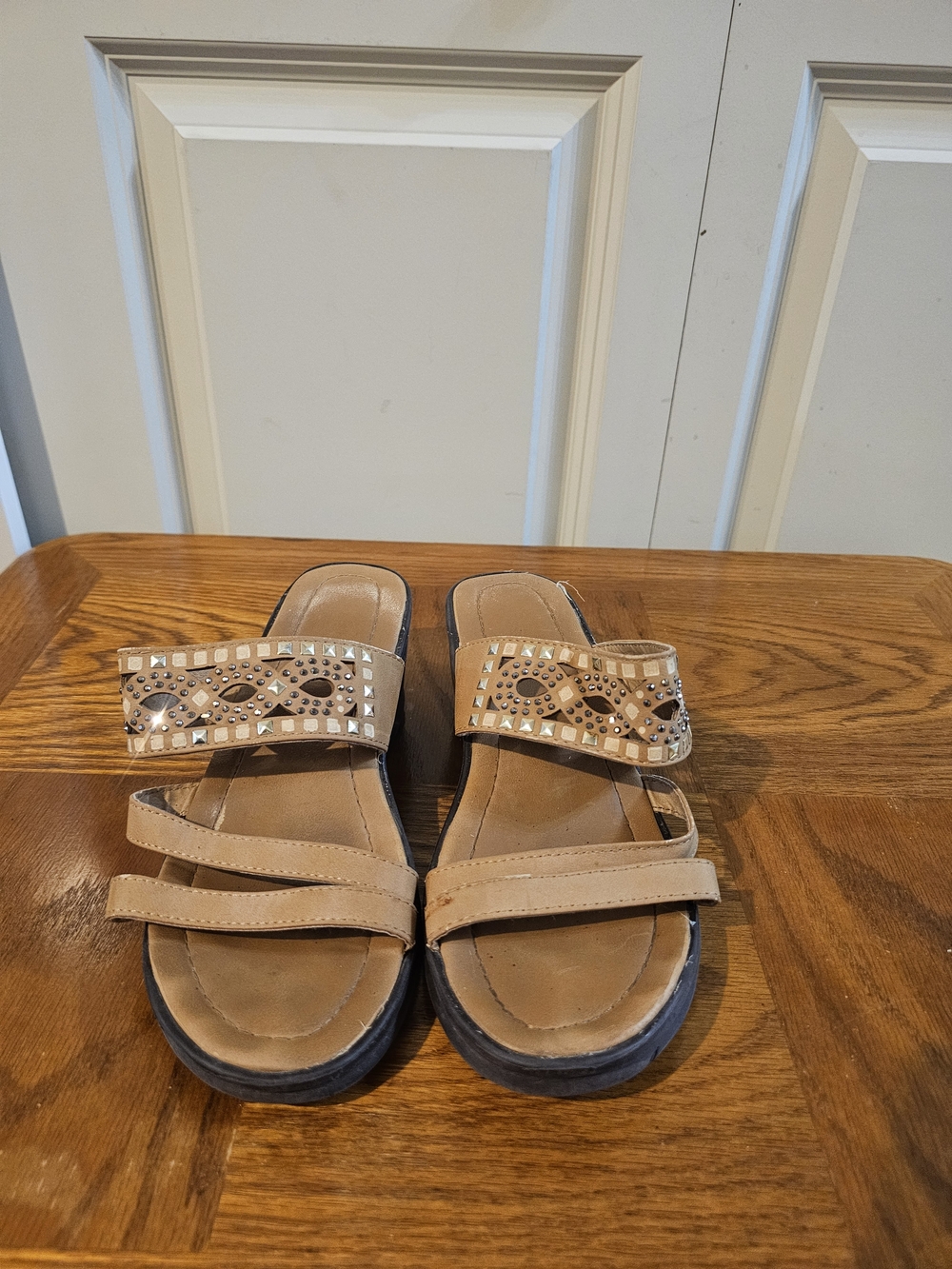 Women's Tan Embellished Slide Wedge Sandals - Comfortable Casual Style Size 8